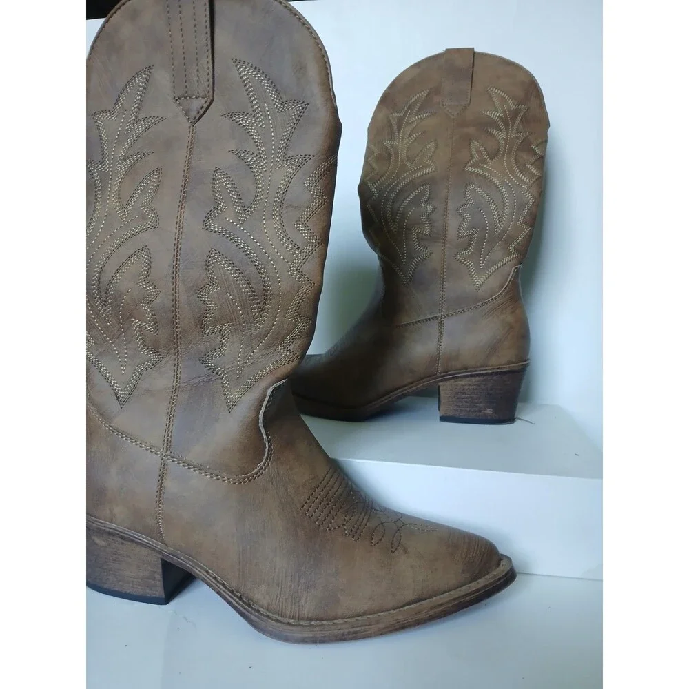 Global Win Western Cowboy Boots Brown Embroidered Mid Calf Women's Size 5.5
